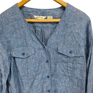 ORVIS Women's Blue 100% Linen Button Up Shirt 3/4 Sleeve Size L 14/16